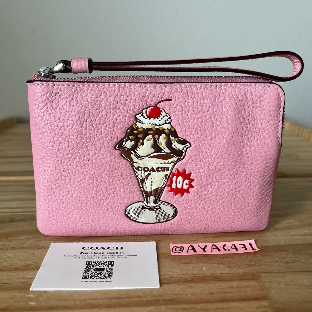 Coach Pink Leather Wristlet with Ice Cream Sundae Patch